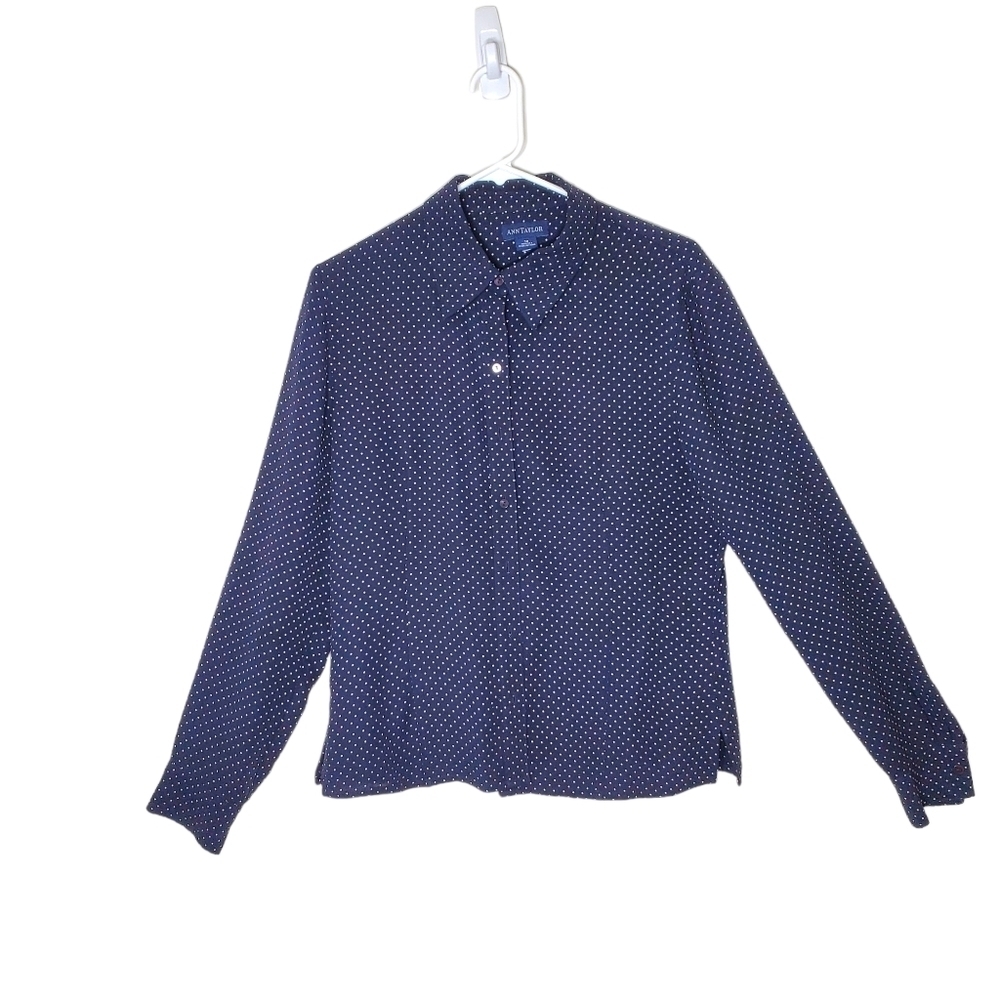 Ann Taylor: 100% Silk Navy Button Down Polka-dot Shirt.10/Medium